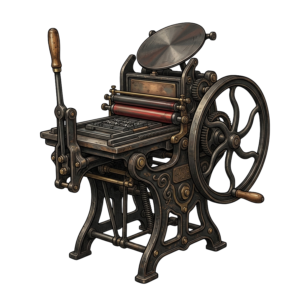 Illustration of an old-fashioned metal printing press with a large wheel and ink roller