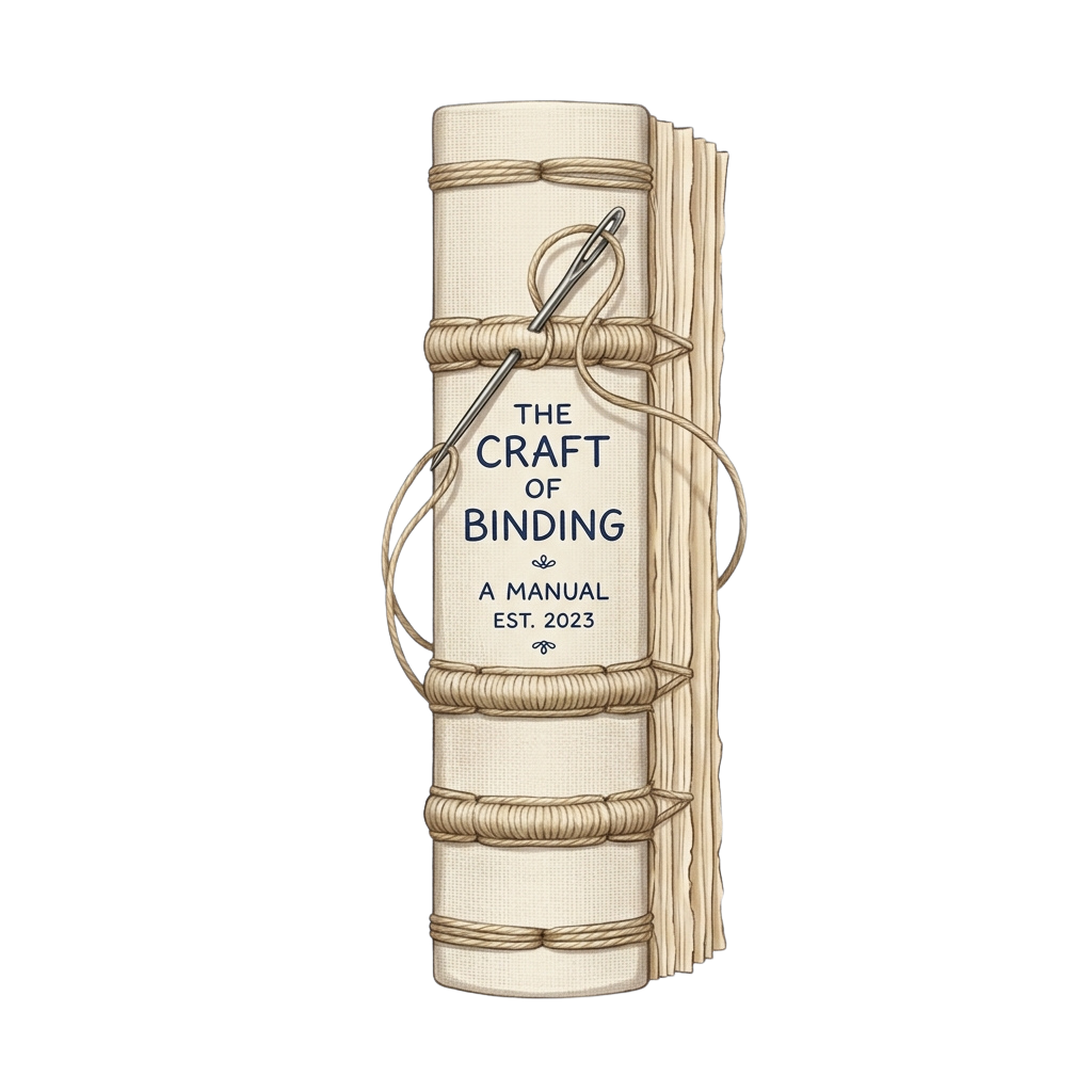 Illustration of an old-style book titled The Craft of Binding, bound with twine and a needle on the cover.