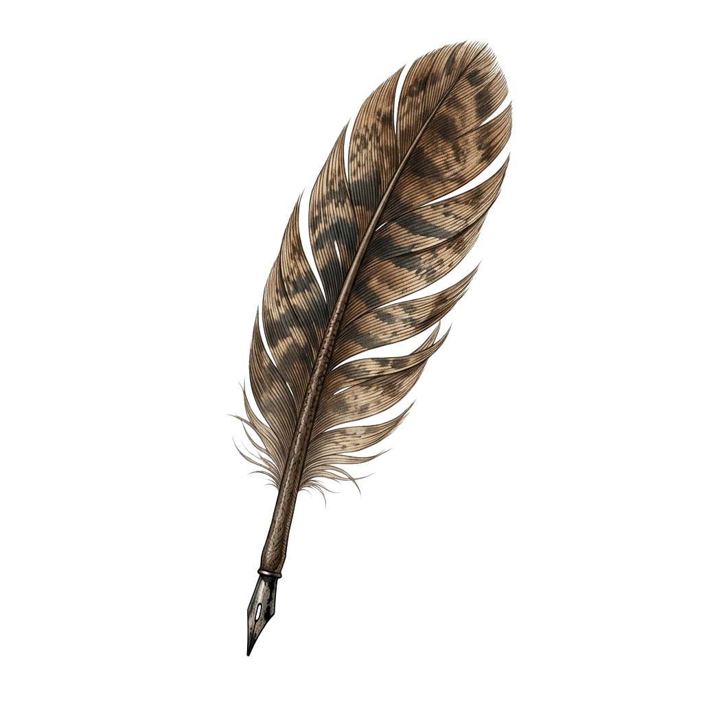 A detailed image of a single brown feather with intricate barbs and quill.