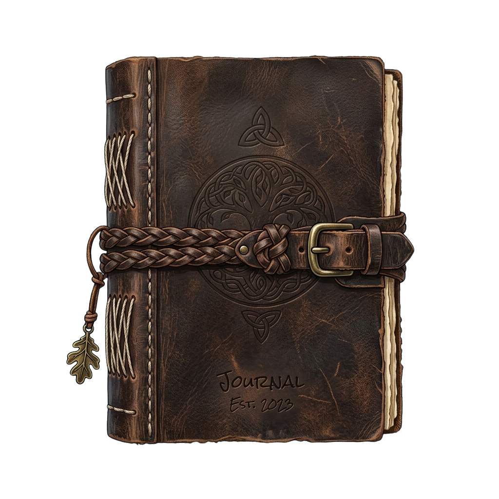 Aged leather journal featuring a Celtic trinity knot embossed on the cover, secured with a braided leather strap and buckle.