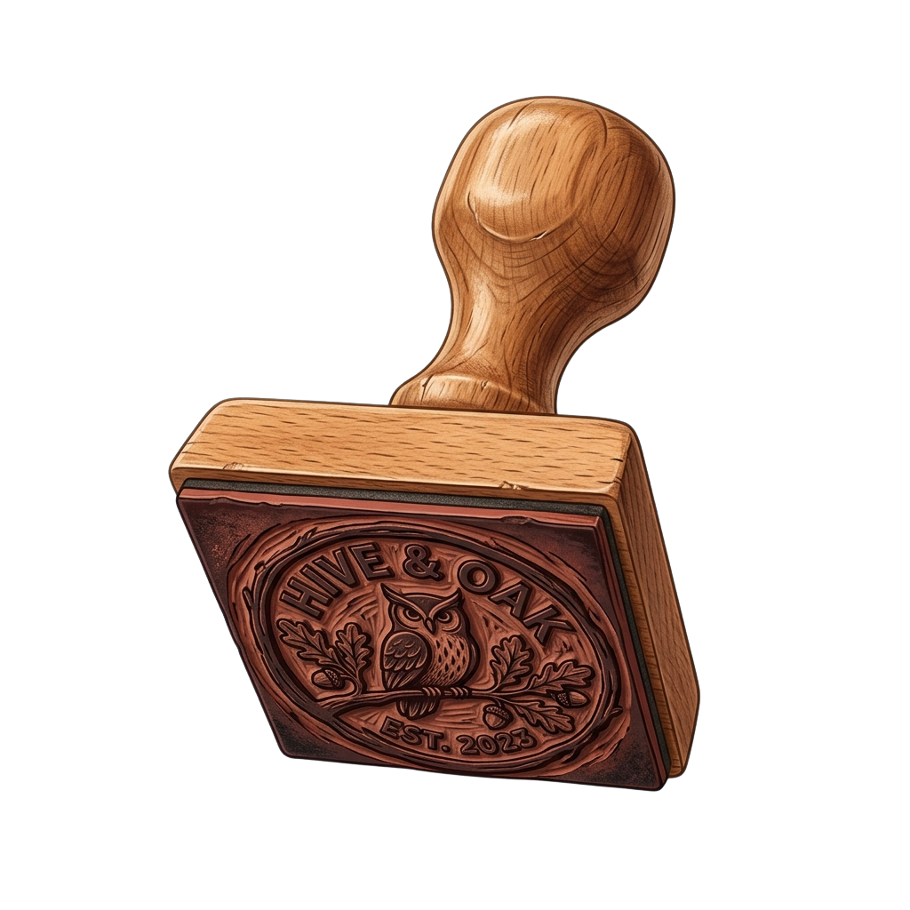 A wooden stamp with an engraved owl perched on a branch, surrounded by leaves and text reading Hive & Oak Est. 2023
