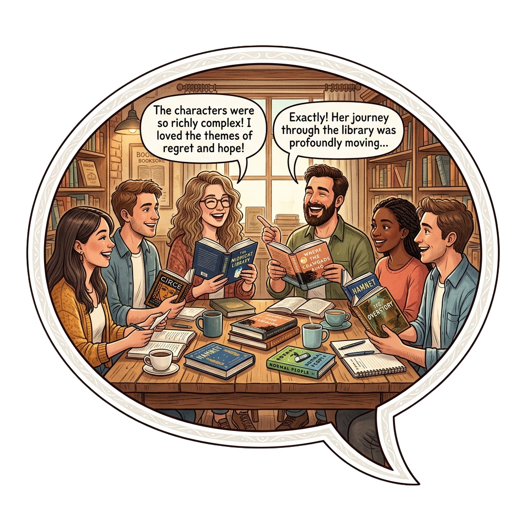 Group of six people sitting around a table in a library, discussing books with smiles and open books in front of them.