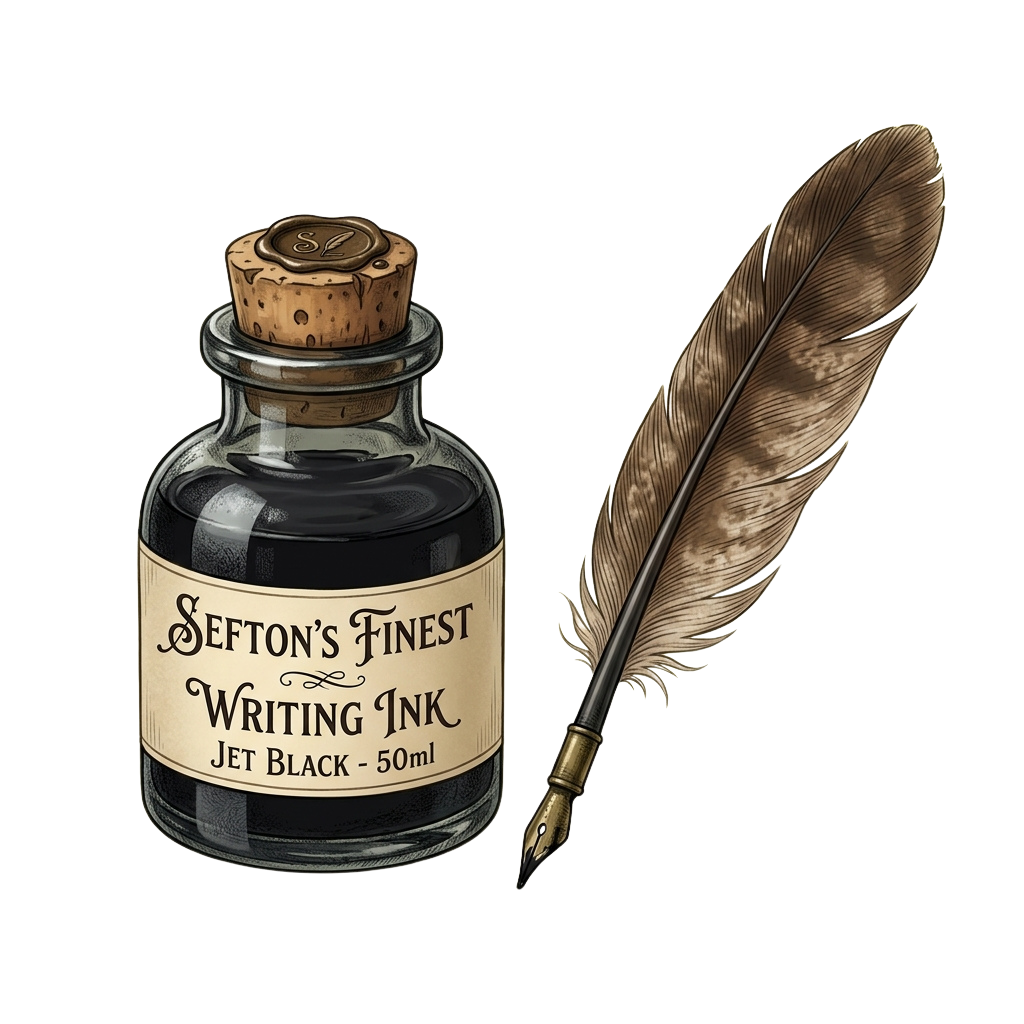 A bottle of black writing ink with a cork stopper and a feather quill beside it