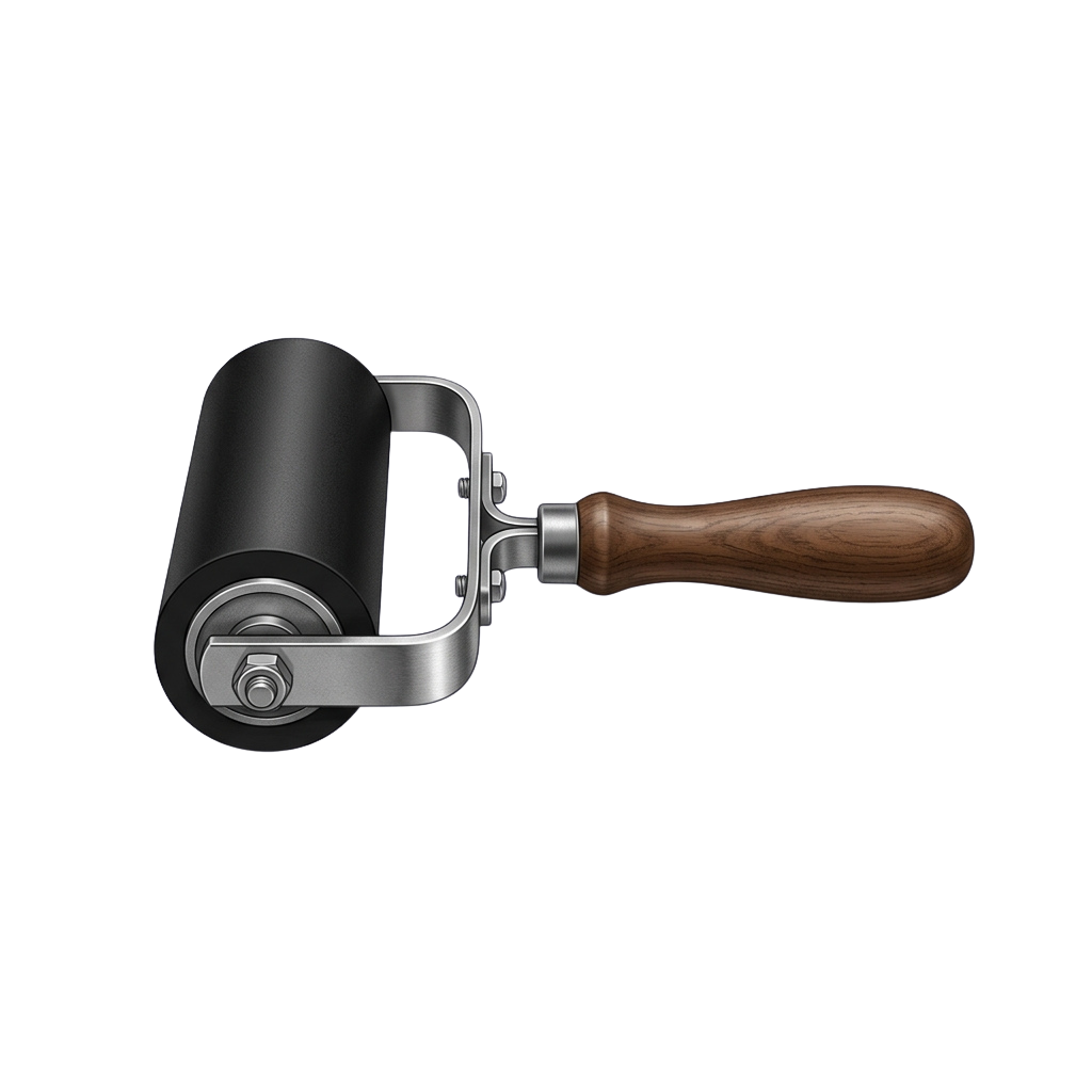 A paint roller with a wooden handle and metallic frame against a black background