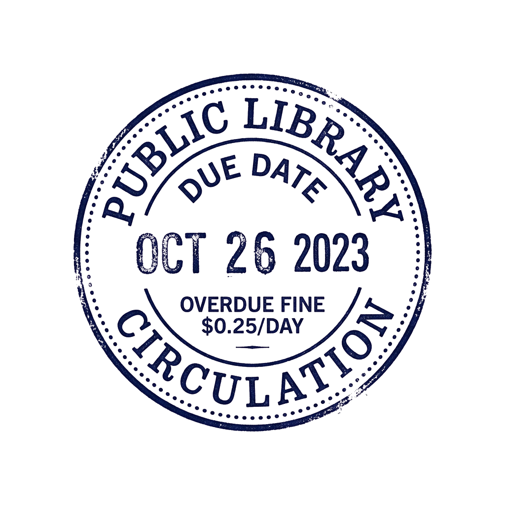 Blue public library overdue fine stamp showing due date October 26 2023 and fine rate 25 cents per day