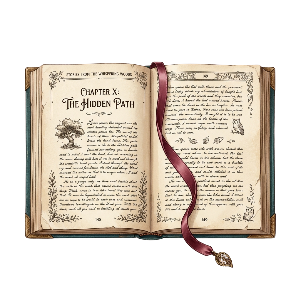 Open vintage book showing a chapter titled The Hidden Path with ornate illustrations and text.