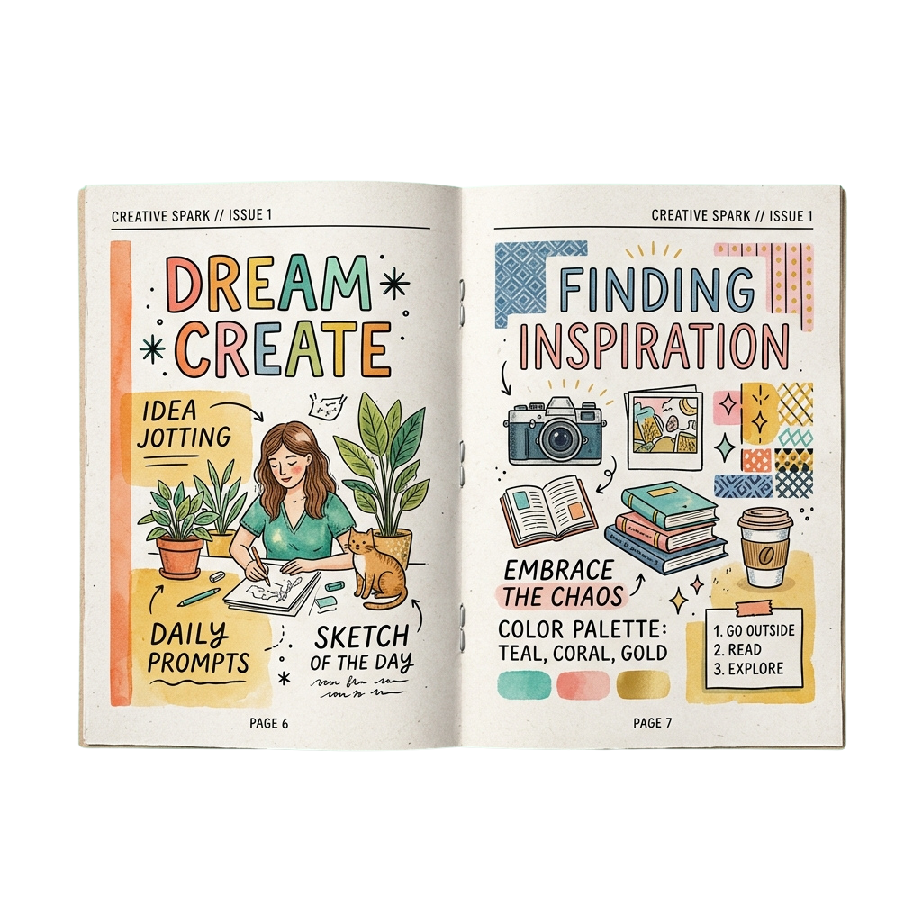Illustrated journal pages titled Dream Create and Finding Inspiration with creative prompts and visuals