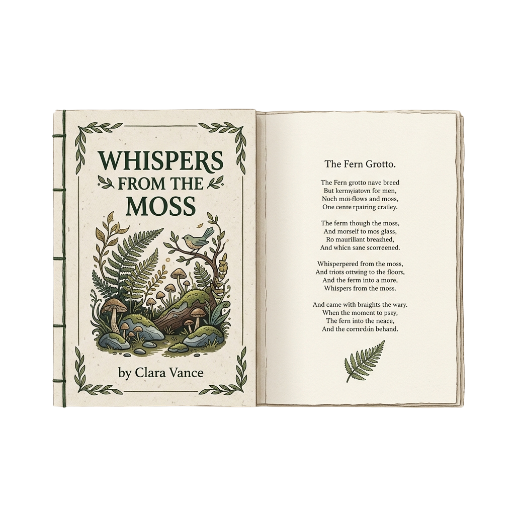 Open poetry book titled Whispers from the Moss with a fern illustration and text on the cover and a poem on the page