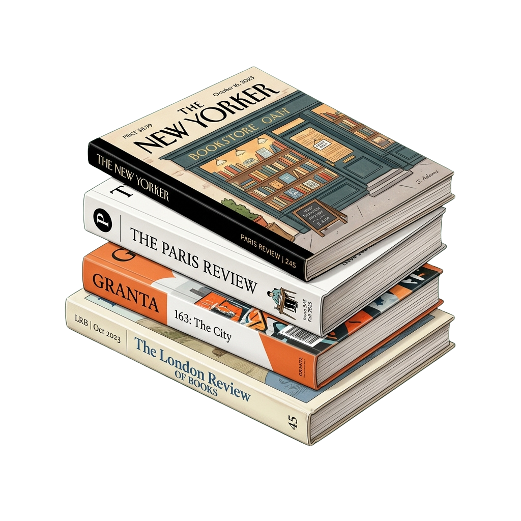 Stack of magazines including The New Yorker, Paris Review, Granta, and London Review of Books with bookstore and city themes on covers