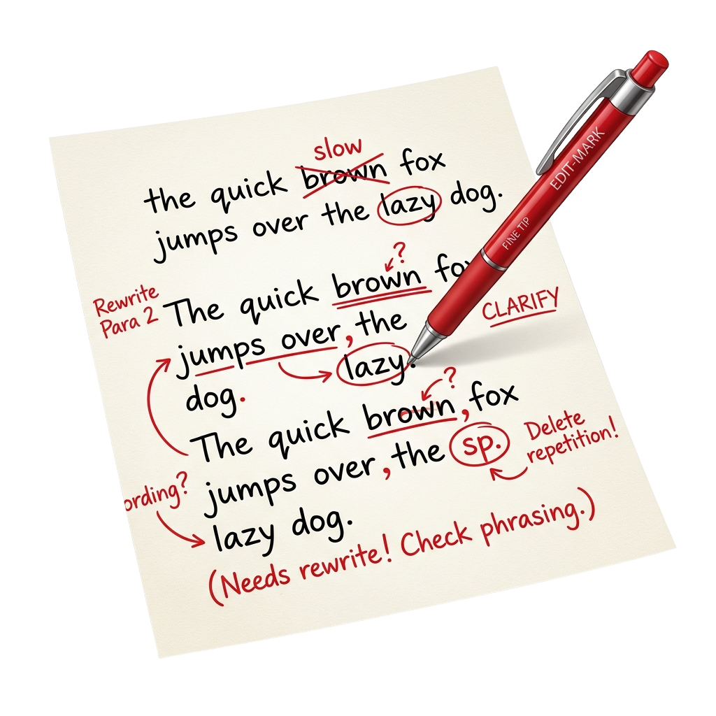 A red pen editing a handwritten sentence about a quick brown fox and a lazy dog, with annotations for rewriting and grammar.