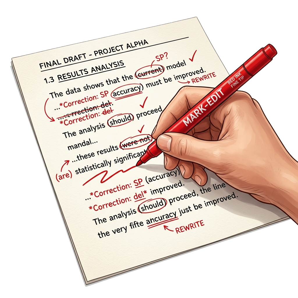 Hand editing a document titled Final Draft Project Alpha with red pen annotations on results analysis section