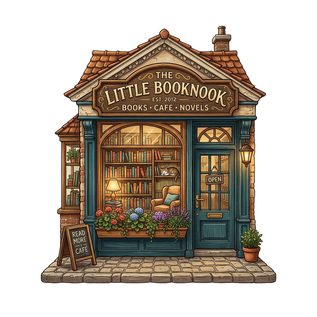 Illustration of a charming bookstore cafe with shelves of books, a reading chair, and a flower box