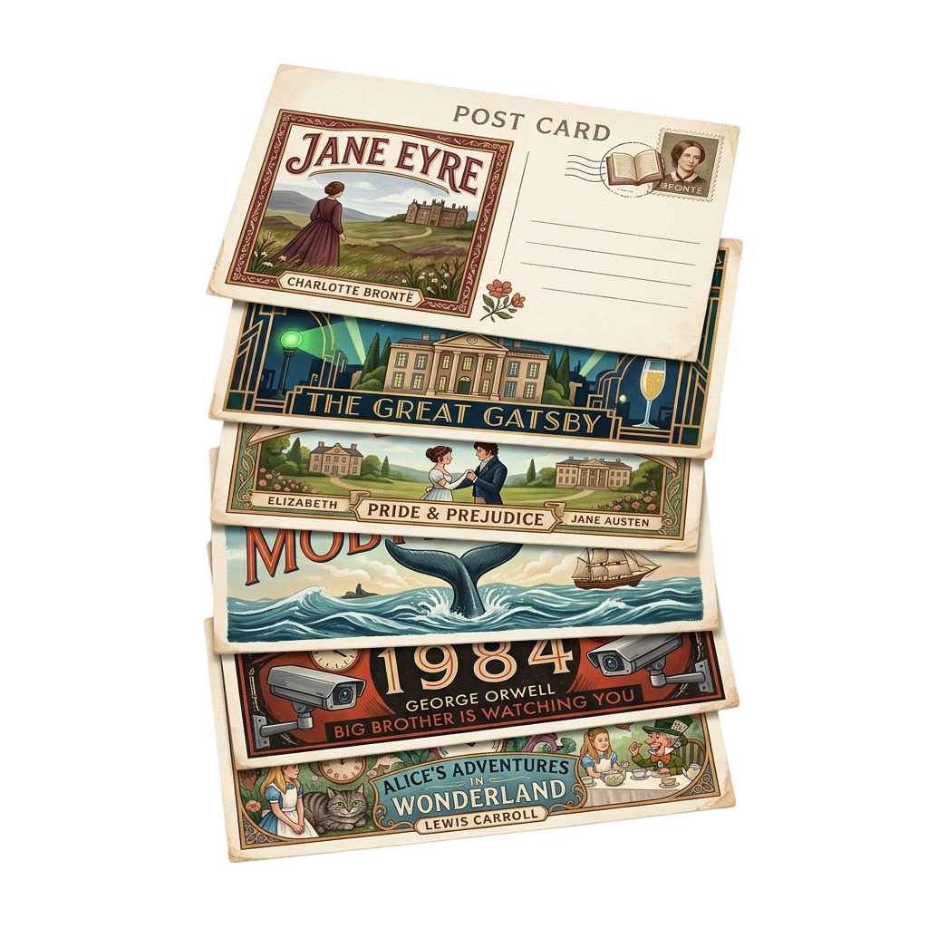 Stack of vintage-style postcards showcasing classic literature covers like Jane Eyre, Pride and Prejudice, Moby Dick, 1984, and Alice in Wonderland