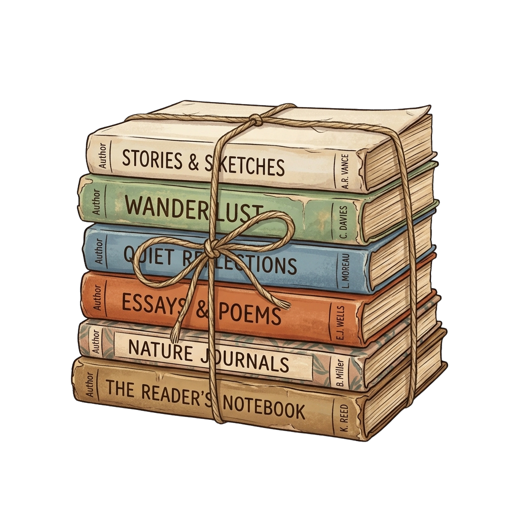 Illustration of six vintage-style books tied together with twine, each labeled with different reading themes.