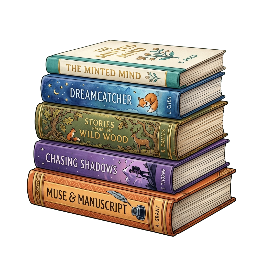 Five illustrated fantasy books stacked vertically with colorful spines and unique cover art featuring nature and animals.
