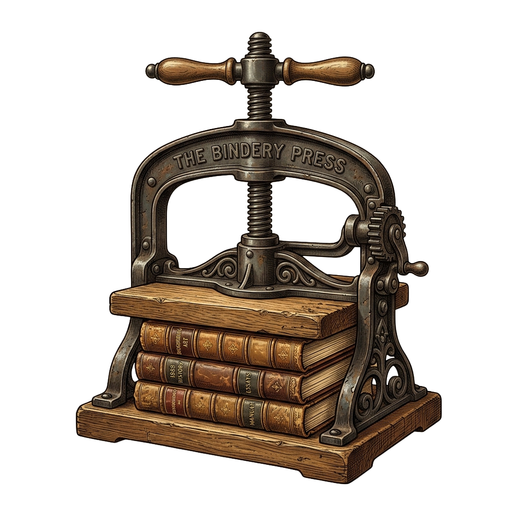 A vintage-style bindery press with a wooden handle and a stack of antique books underneath it.