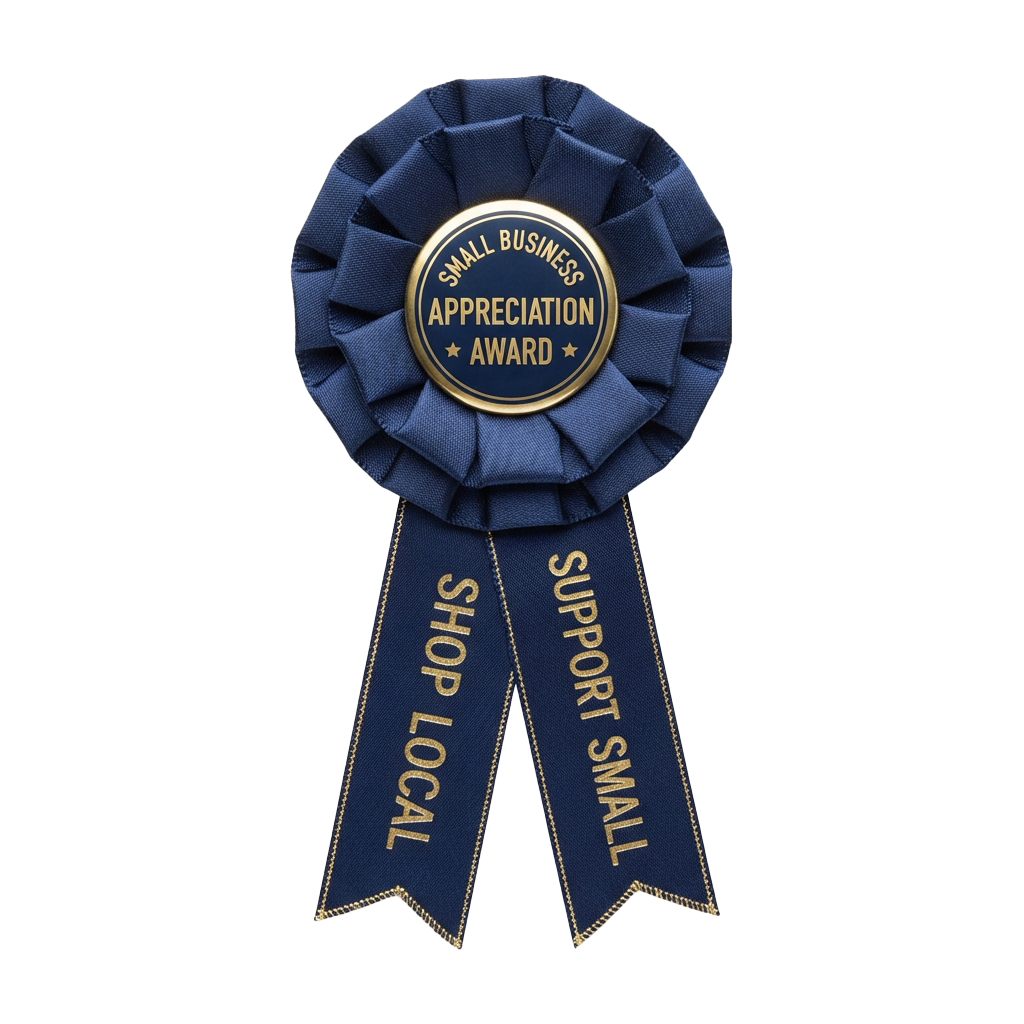 Blue ribbon with gold text reading Support Local and Shop Small, featuring a Small Business Appreciation Award emblem