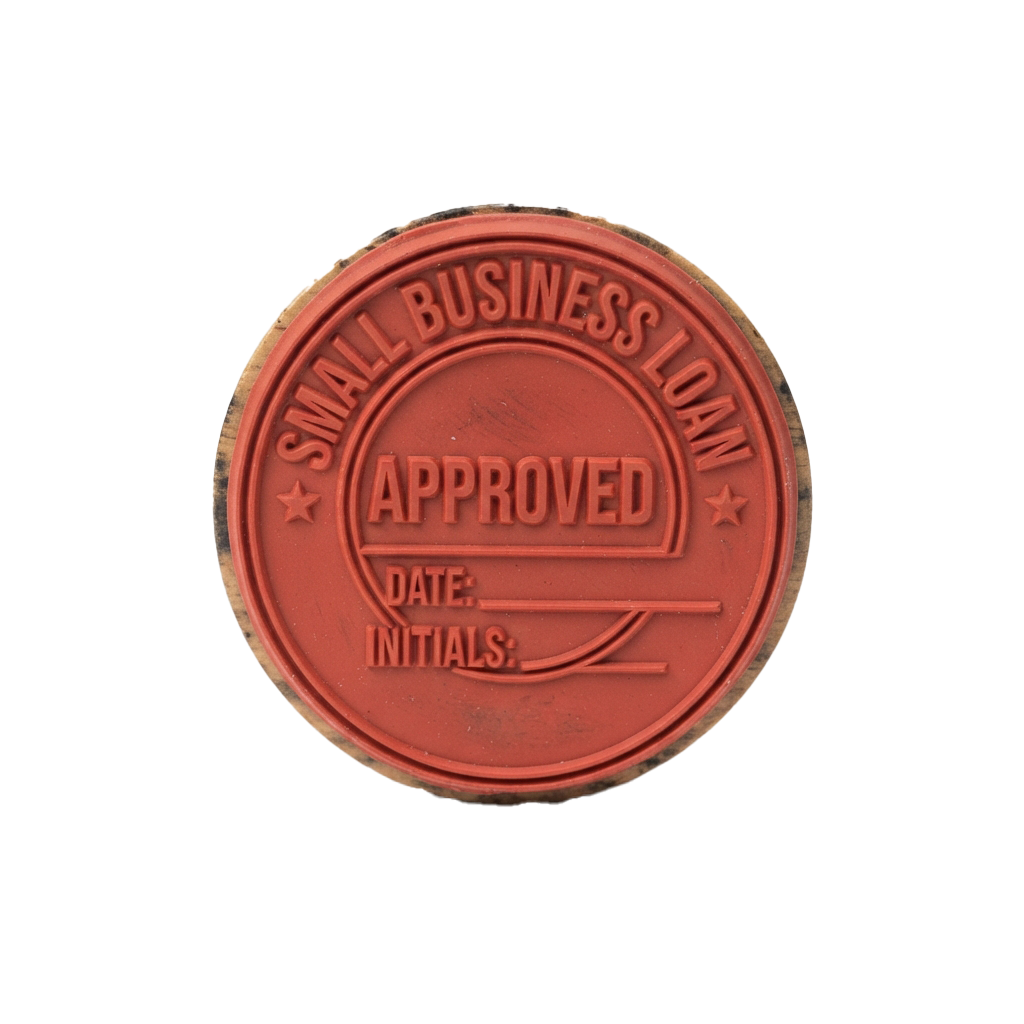 Red circular stamp indicating small business loan approval with space for date and initials