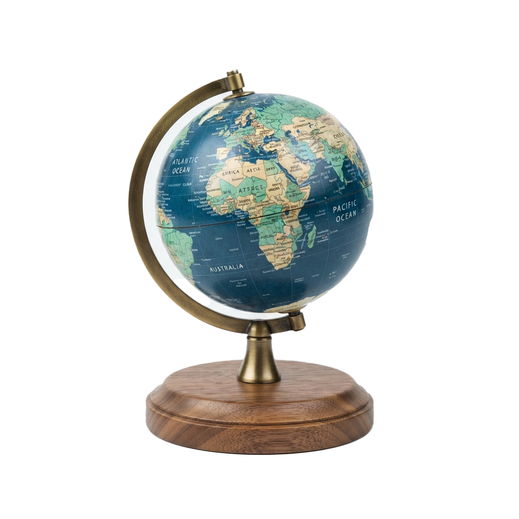 A decorative globe on a wooden base with a brass stand, showing continents and oceans.