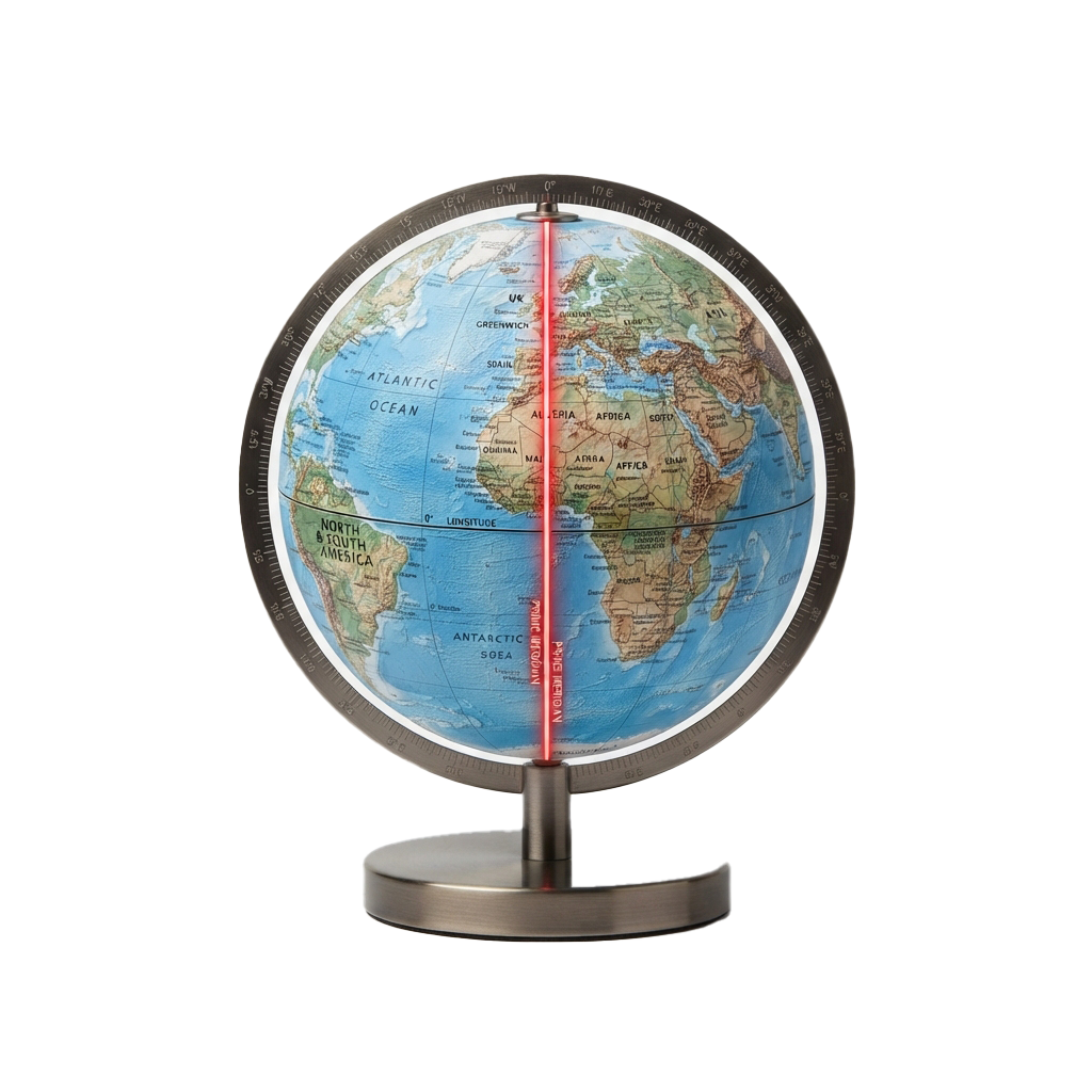 A globe on a stand displaying the Prime Meridian in red and the International Date Line in white.