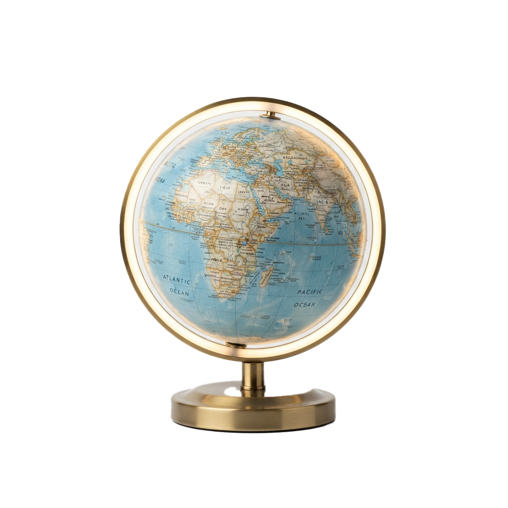 Illuminated globe on a brass stand showing continents and oceans with Atlantic and Pacific labeled