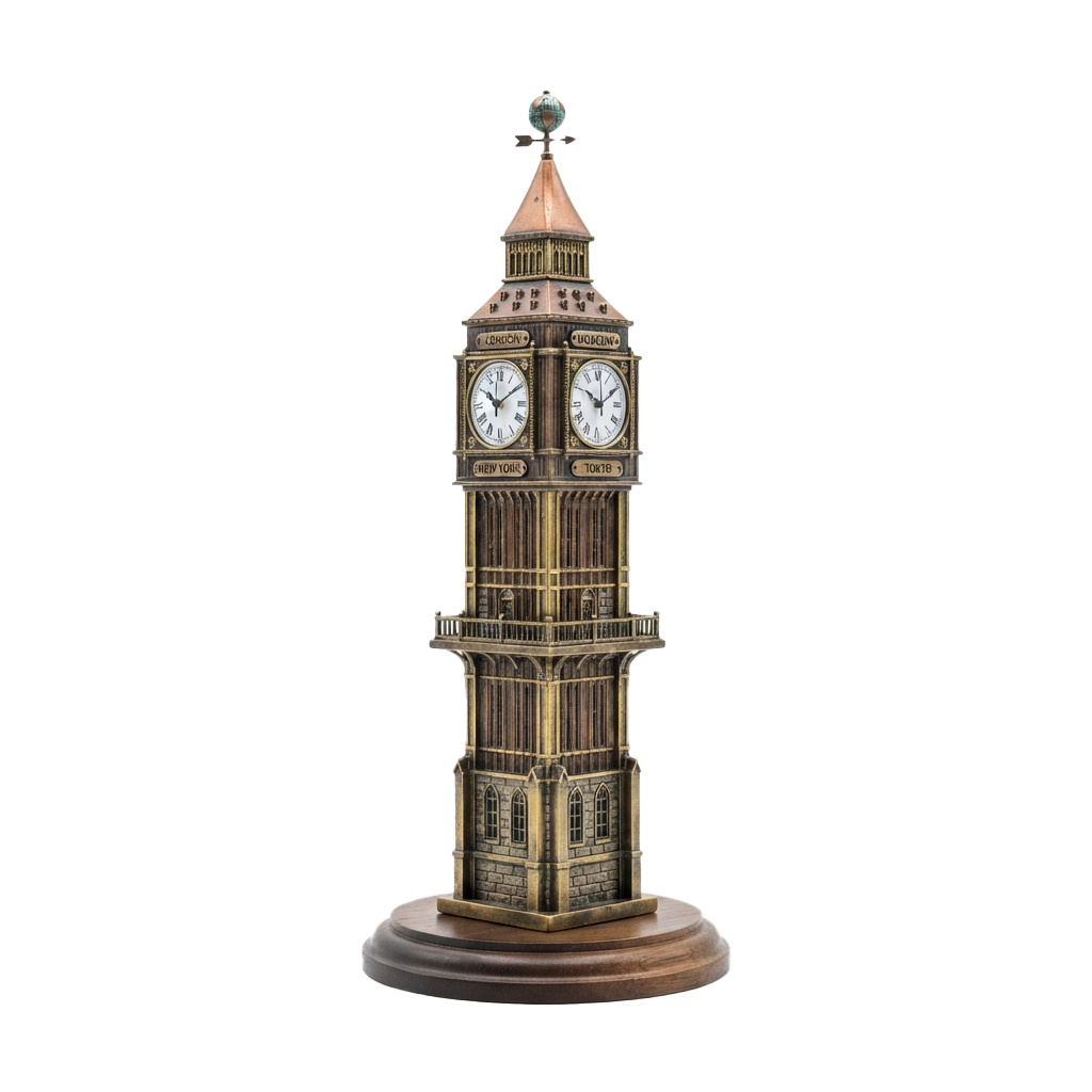 A detailed miniature model of a clock tower with four clock faces and a spire, placed on a wooden base.