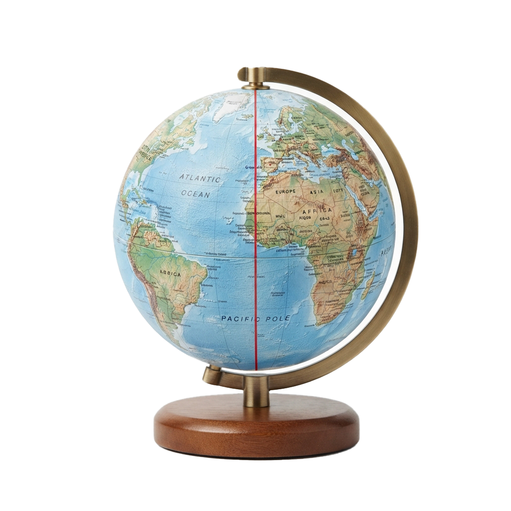A globe on a wooden base showing continents, oceans, and a red prime meridian line