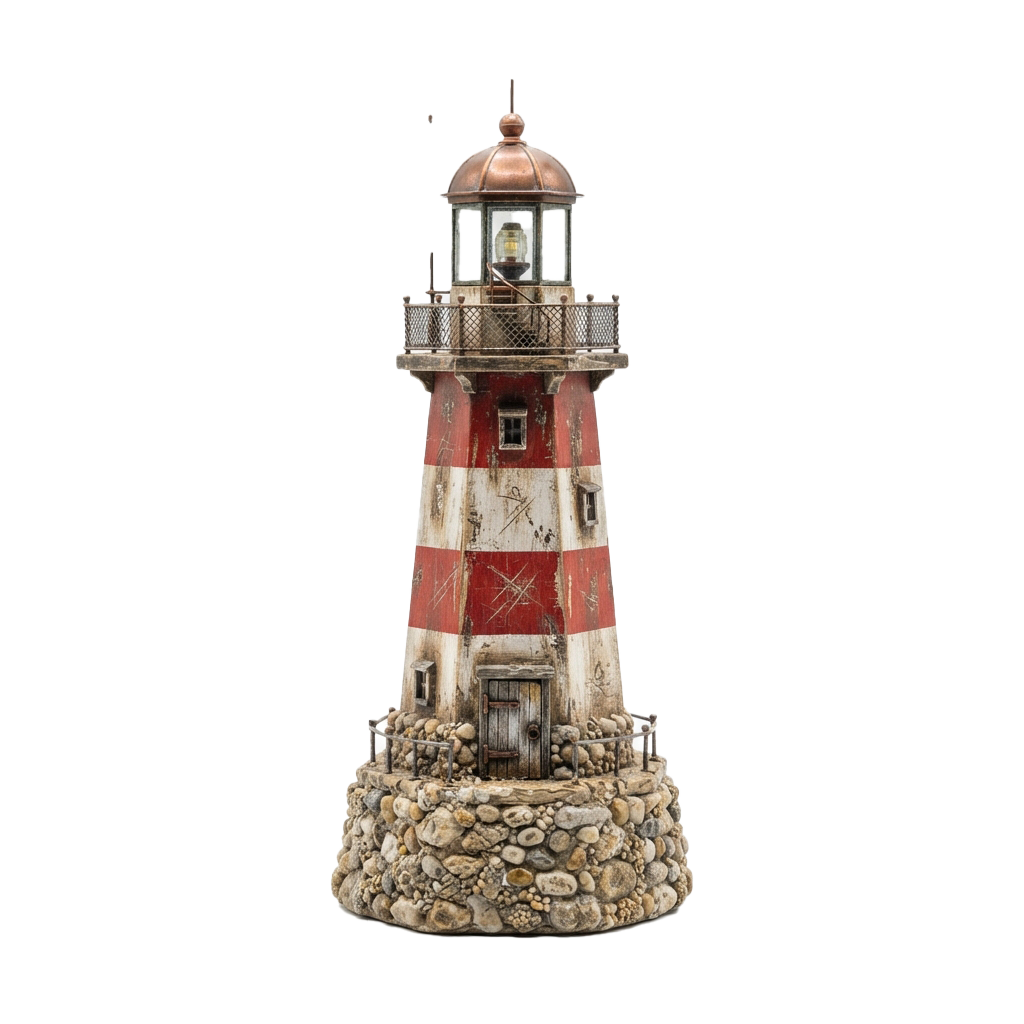 A detailed miniature lighthouse model with red and white horizontal stripes, a copper top, and rocky base