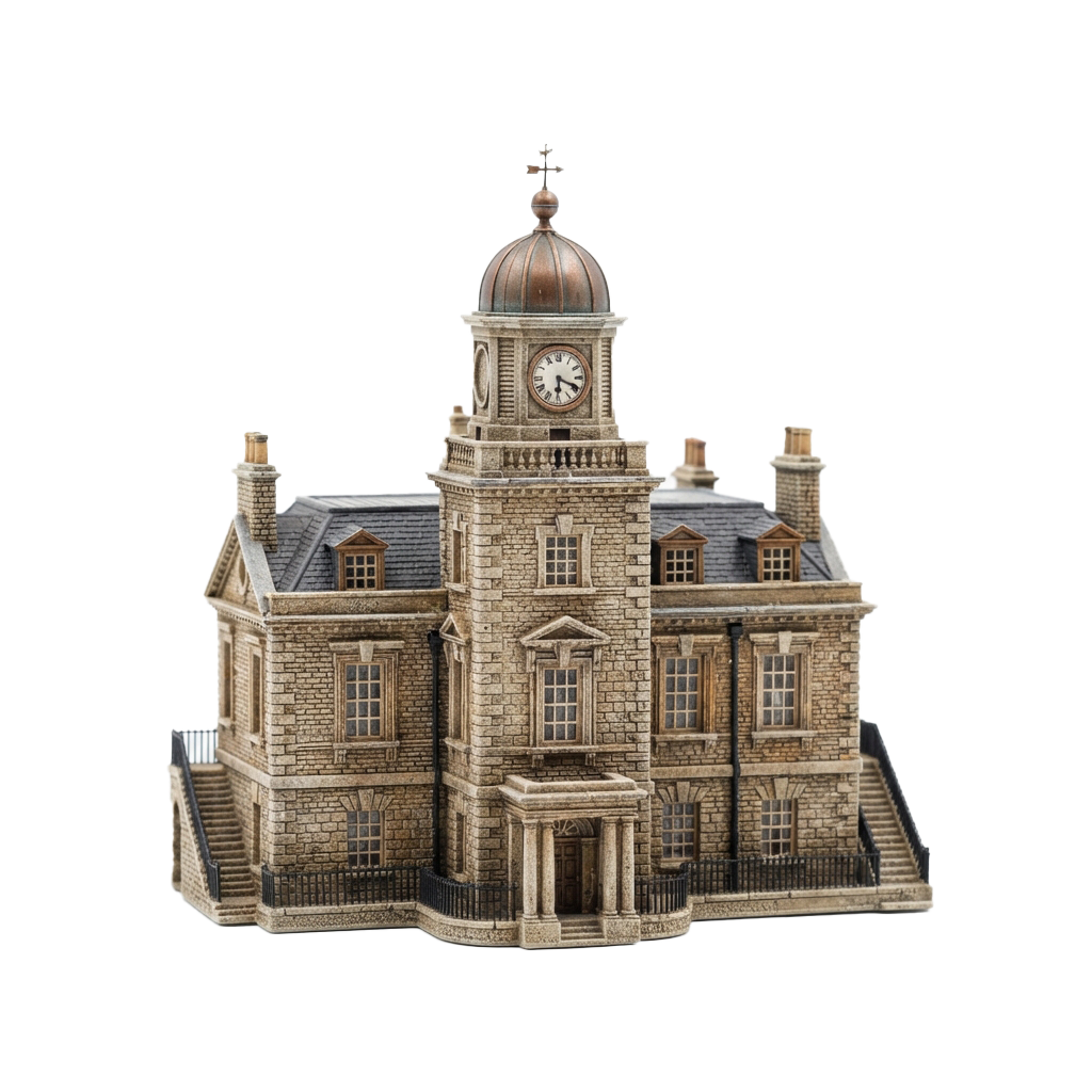 A detailed miniature model of a stone building featuring a clock tower, dome, and classical architectural elements