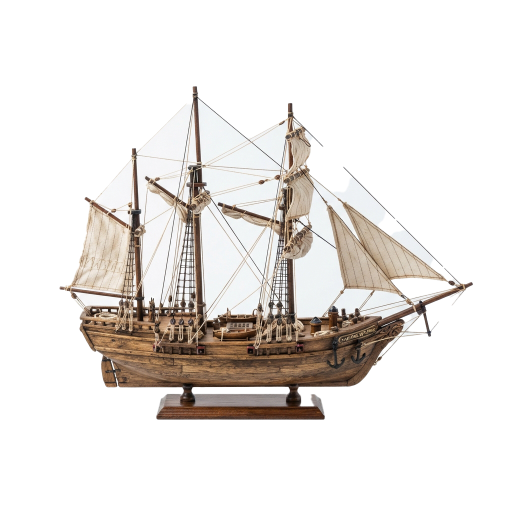 A detailed wooden model of a three-masted sailing ship on a wooden base stand.