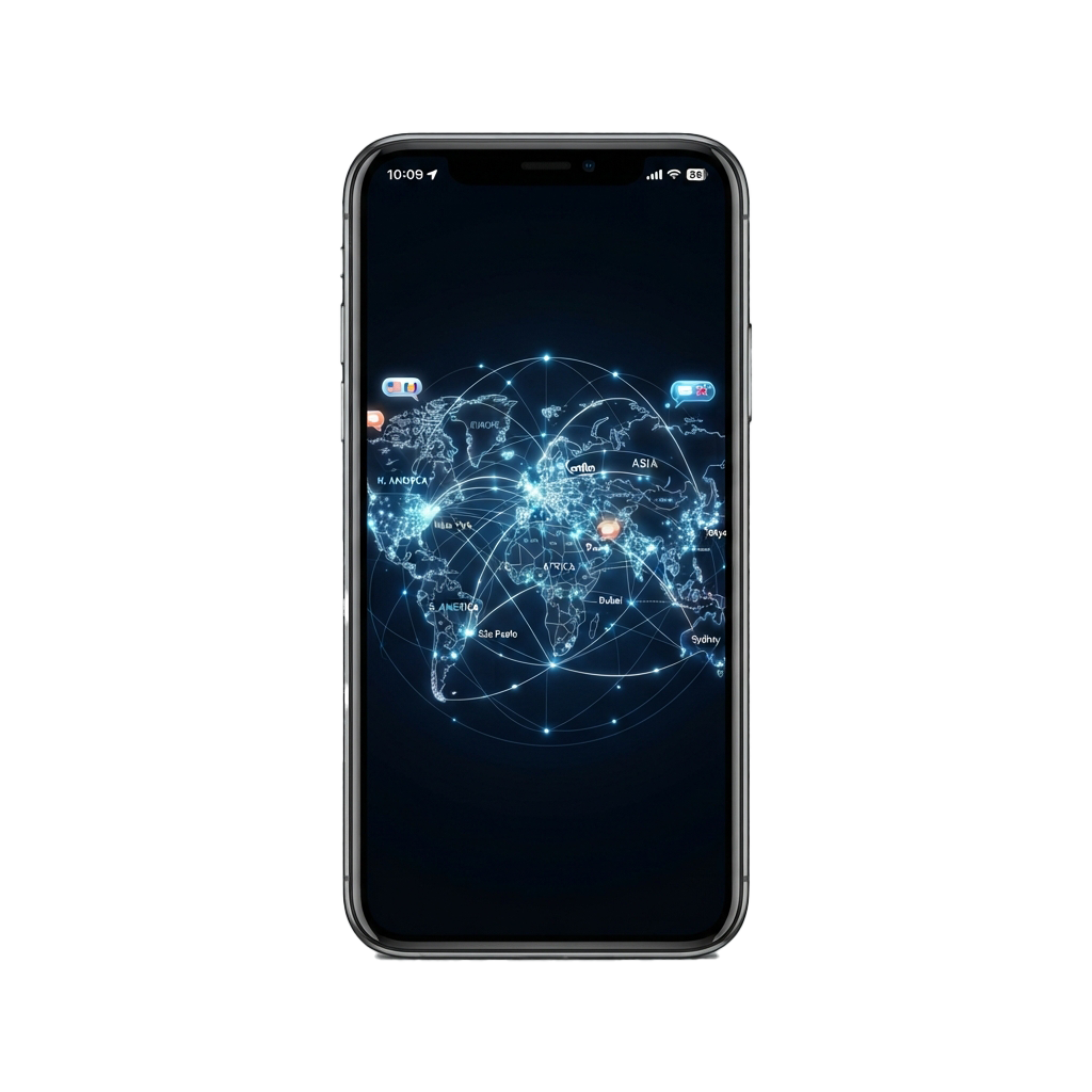 Smartphone screen displaying a glowing world map with interconnected nodes and lines representing global network connections