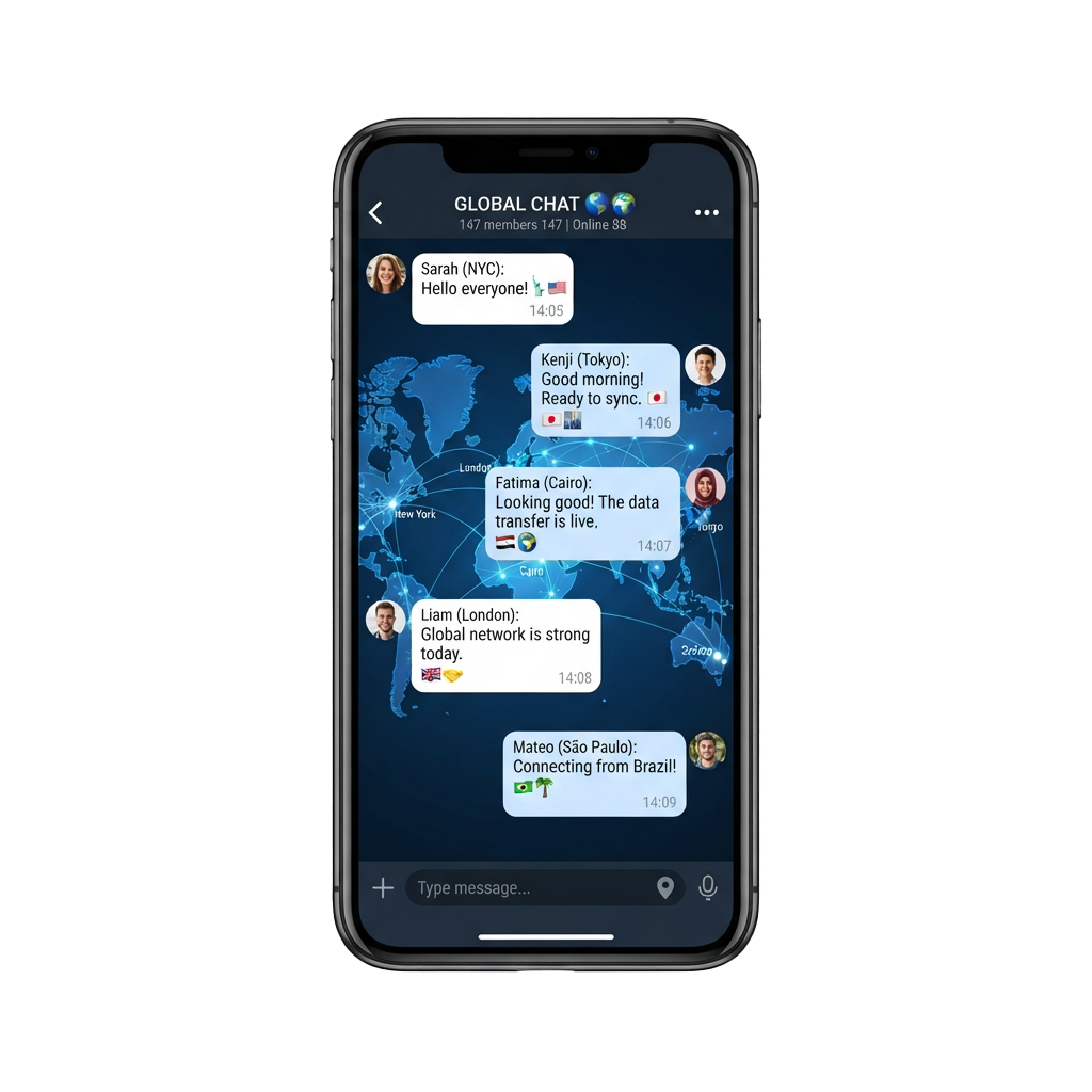 Smartphone screen showing a global chat group with messages and user locations on a world map.