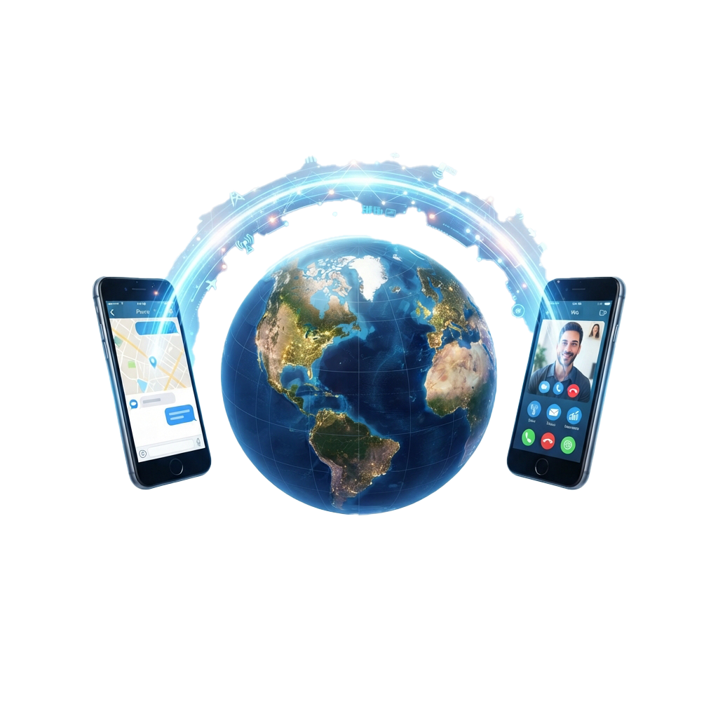 Two smartphones displaying a map app and a video call app connected by a glowing arc around a globe