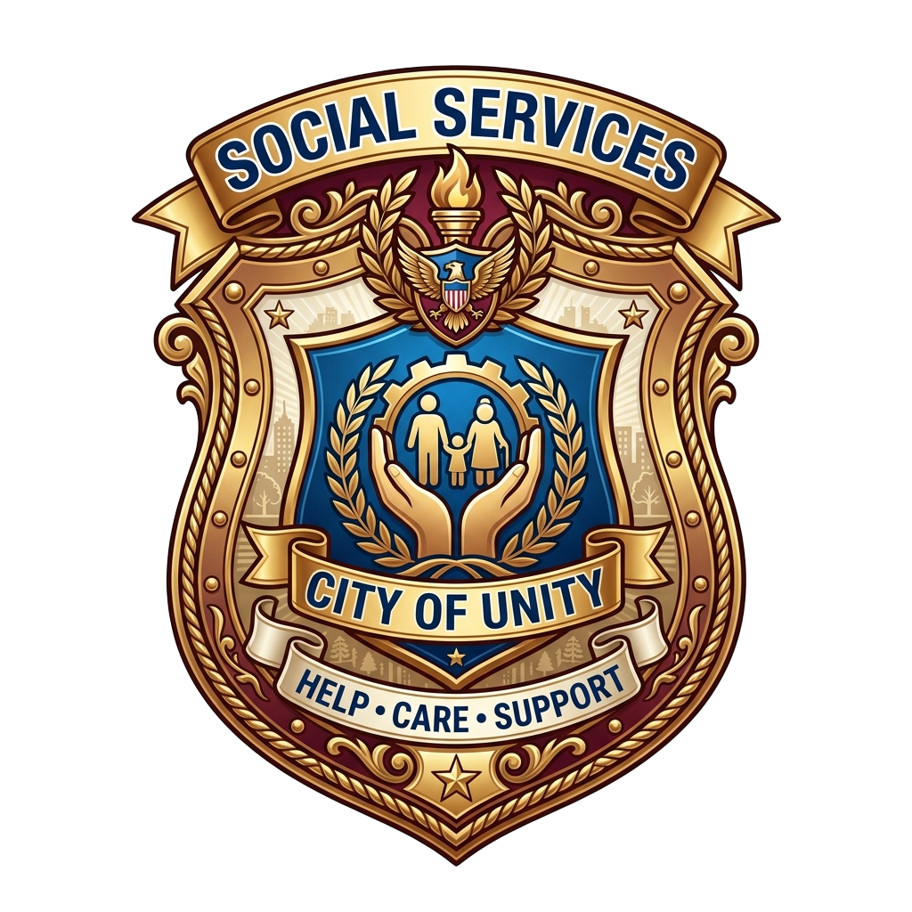 Official-looking badge for social services featuring hands, family icon, and motto help care support