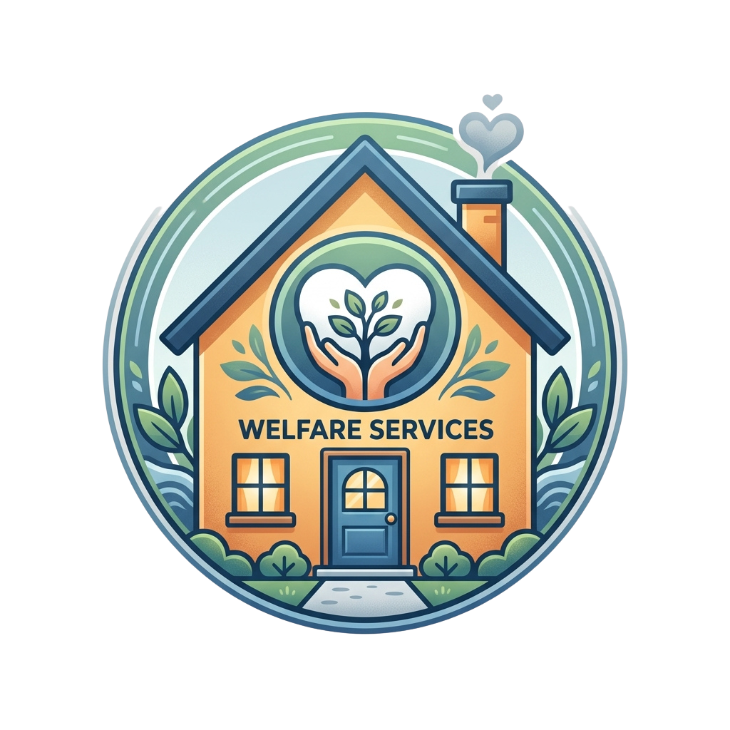 Illustration of a house with a heart and tree symbol, labeled Welfare Services.