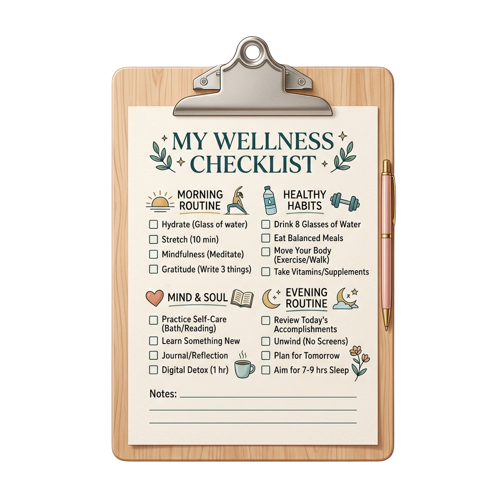 Clipboard showing a wellness checklist with morning, healthy habits, mind and soul, and evening routine sections