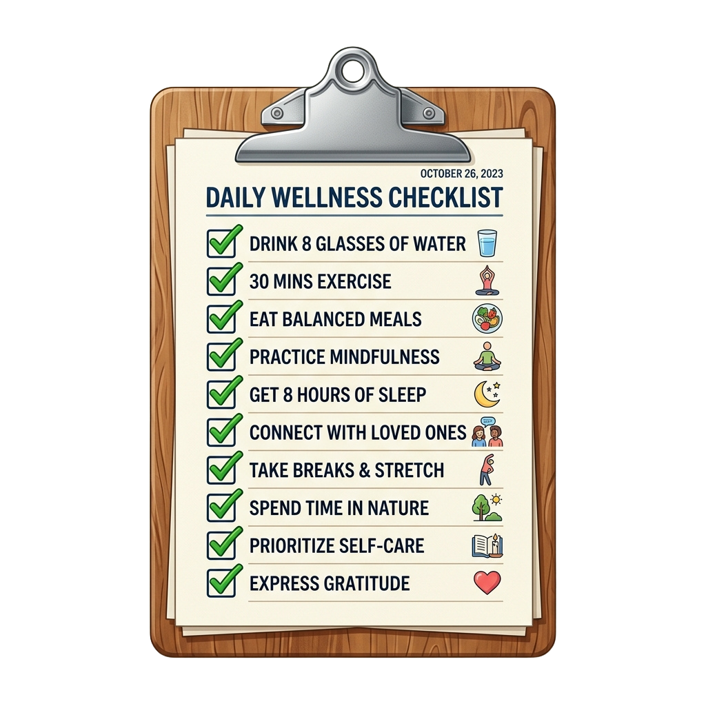 Clipboard with a daily wellness checklist featuring ten healthy habits with icons and checkmarks.