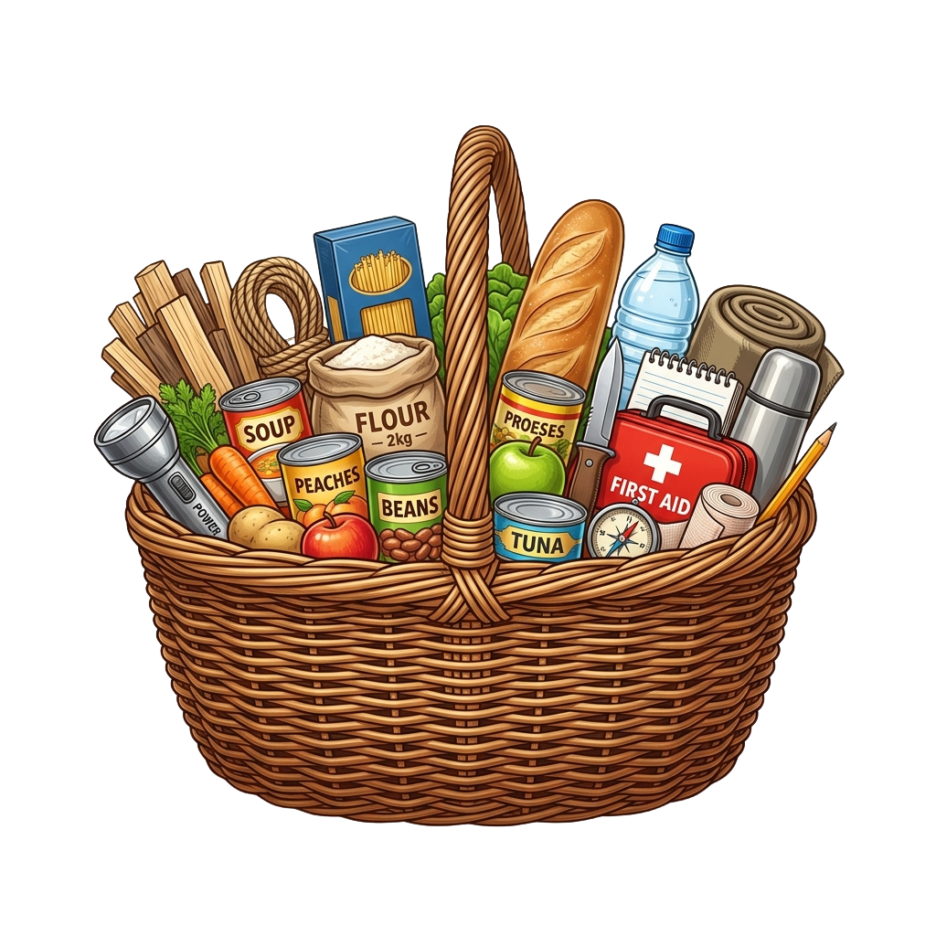 Basket filled with food items, first aid kit, water bottle, flashlight, and other survival essentials