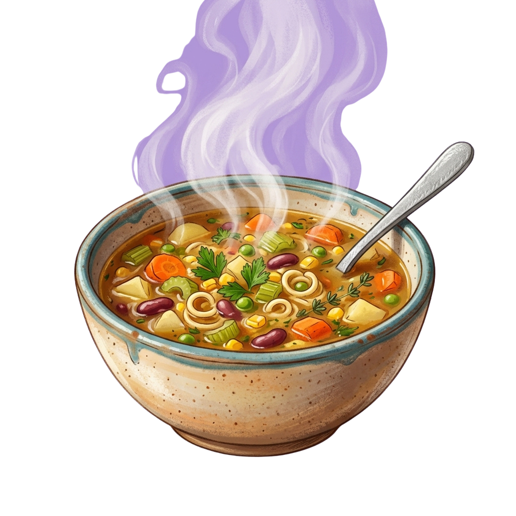 A steaming bowl of colorful vegetable soup with a spoon resting inside