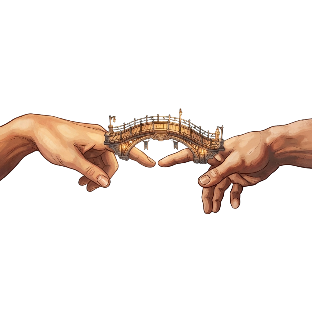 Two hands gently holding a small decorative bridge model against a dark background