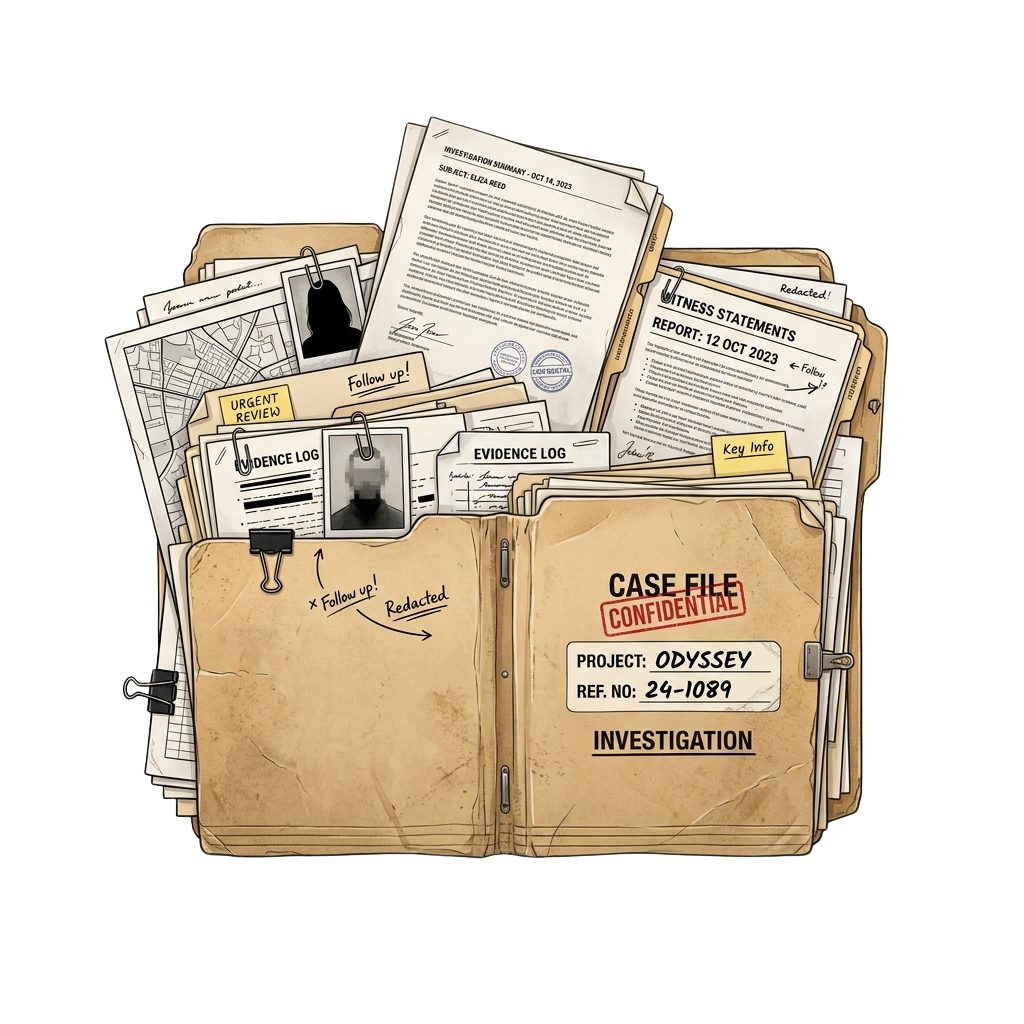 A stack of labeled folders and papers marked confidential with evidence logs and witness statements