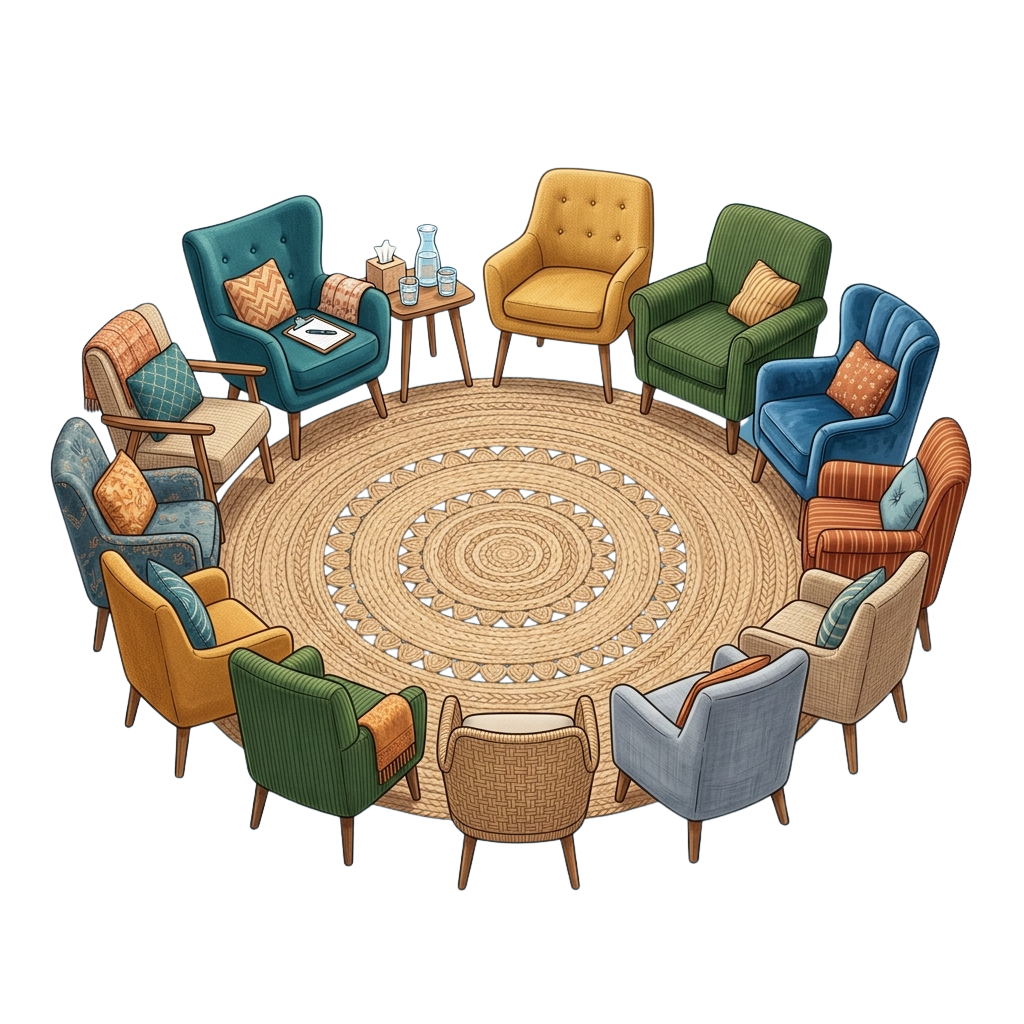 Nine colorful armchairs arranged in a circle around a patterned rug with a small table in the center