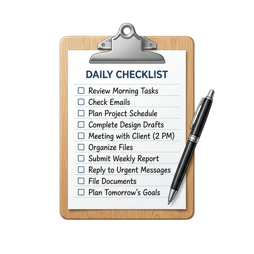 Clipboard showing a daily checklist with tasks and a pen resting on it
