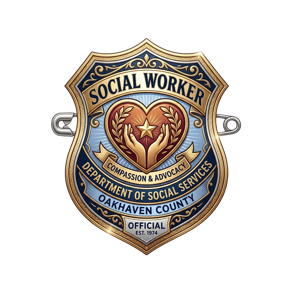 Illustrated badge for a social worker with a heart and hands symbolizing compassion and advocacy, labeled Department of Social Services Oakhaven County