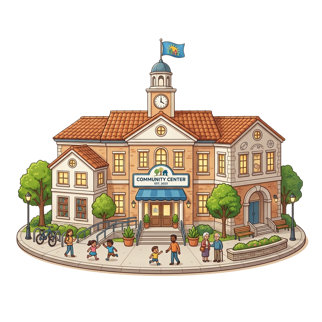 Illustration of a community center with people walking, a clock tower, and a flag