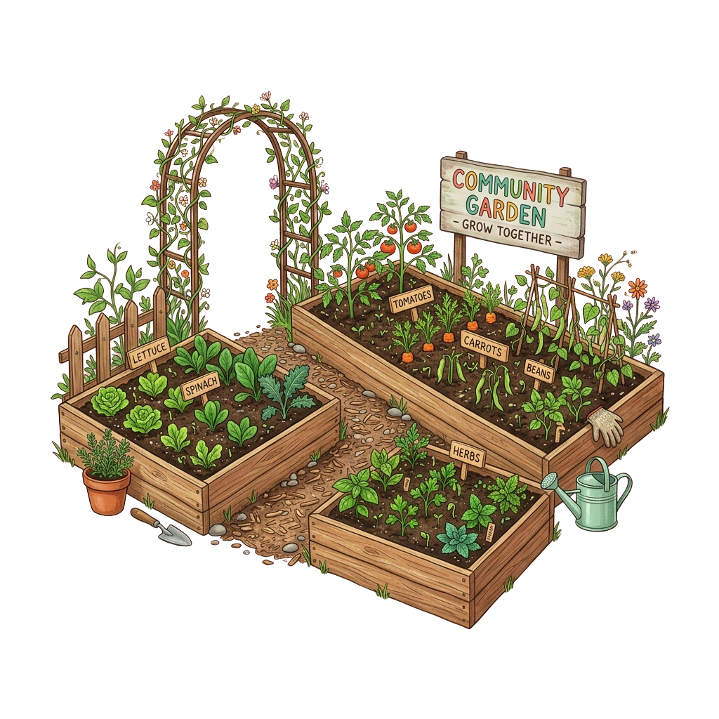 Illustration of a community garden with labeled raised beds for lettuce, spinach, tomatoes, carrots, beans, and herbs