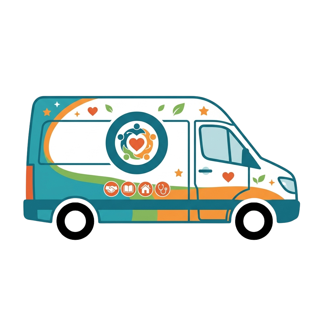Illustration of a colorful van with community service icons and a central heart symbol.