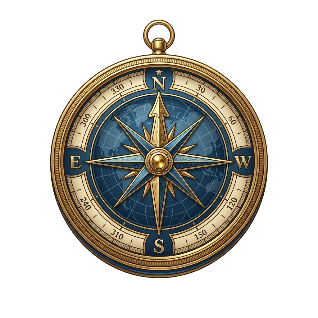 A detailed antique-style compass with gold and blue colors, showing cardinal and degree markings.