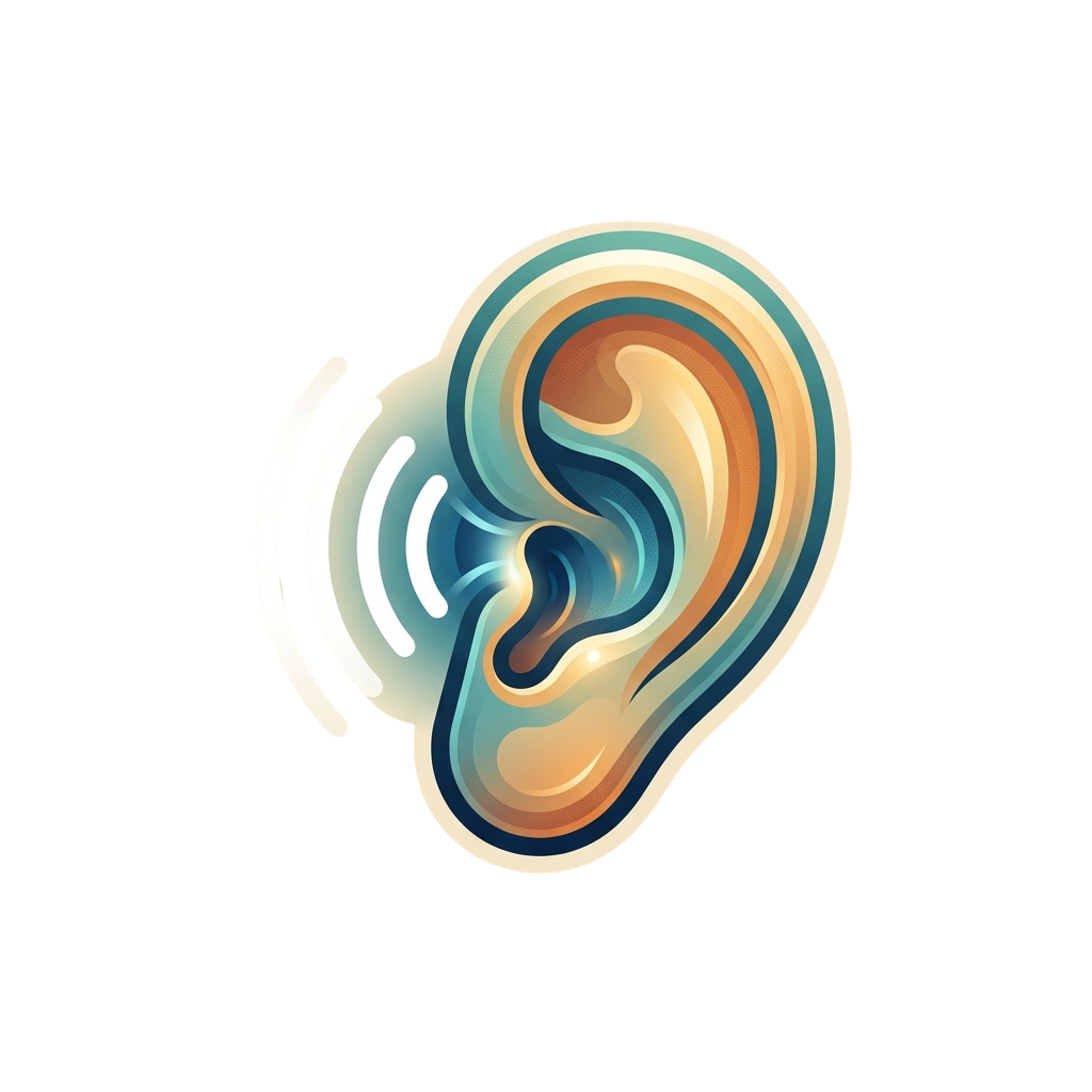 A stylized illustration of a human ear with sound waves emanating from it