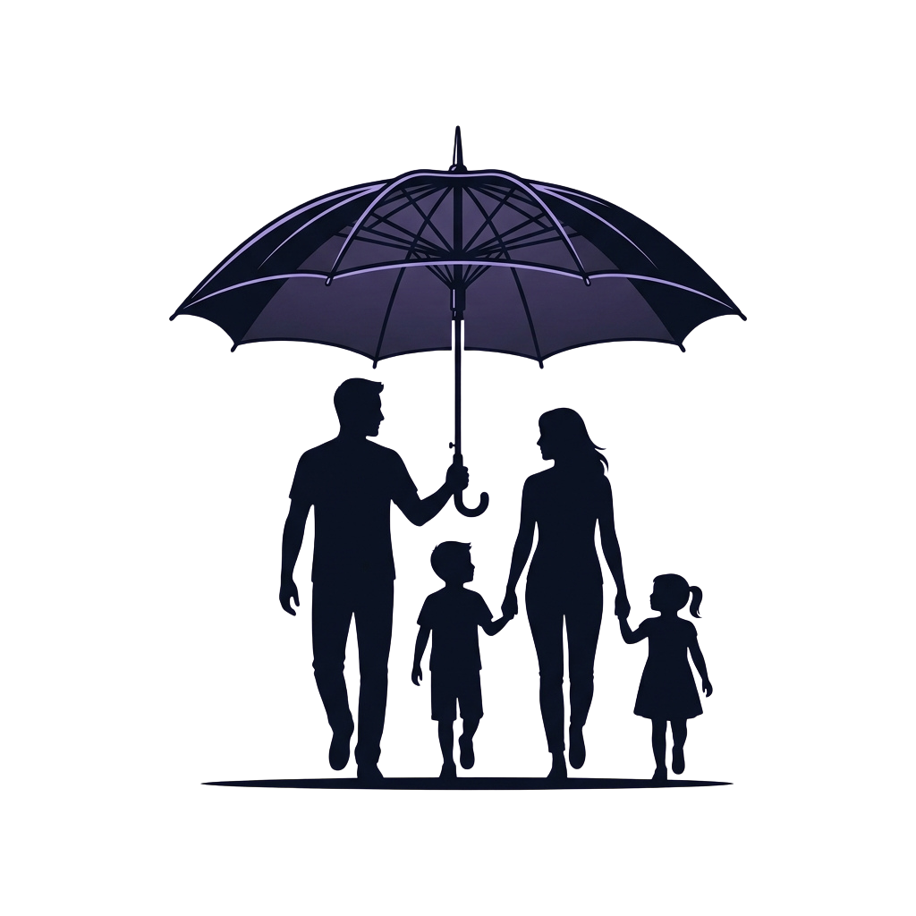 Four silhouettes of a family standing together under a large umbrella.